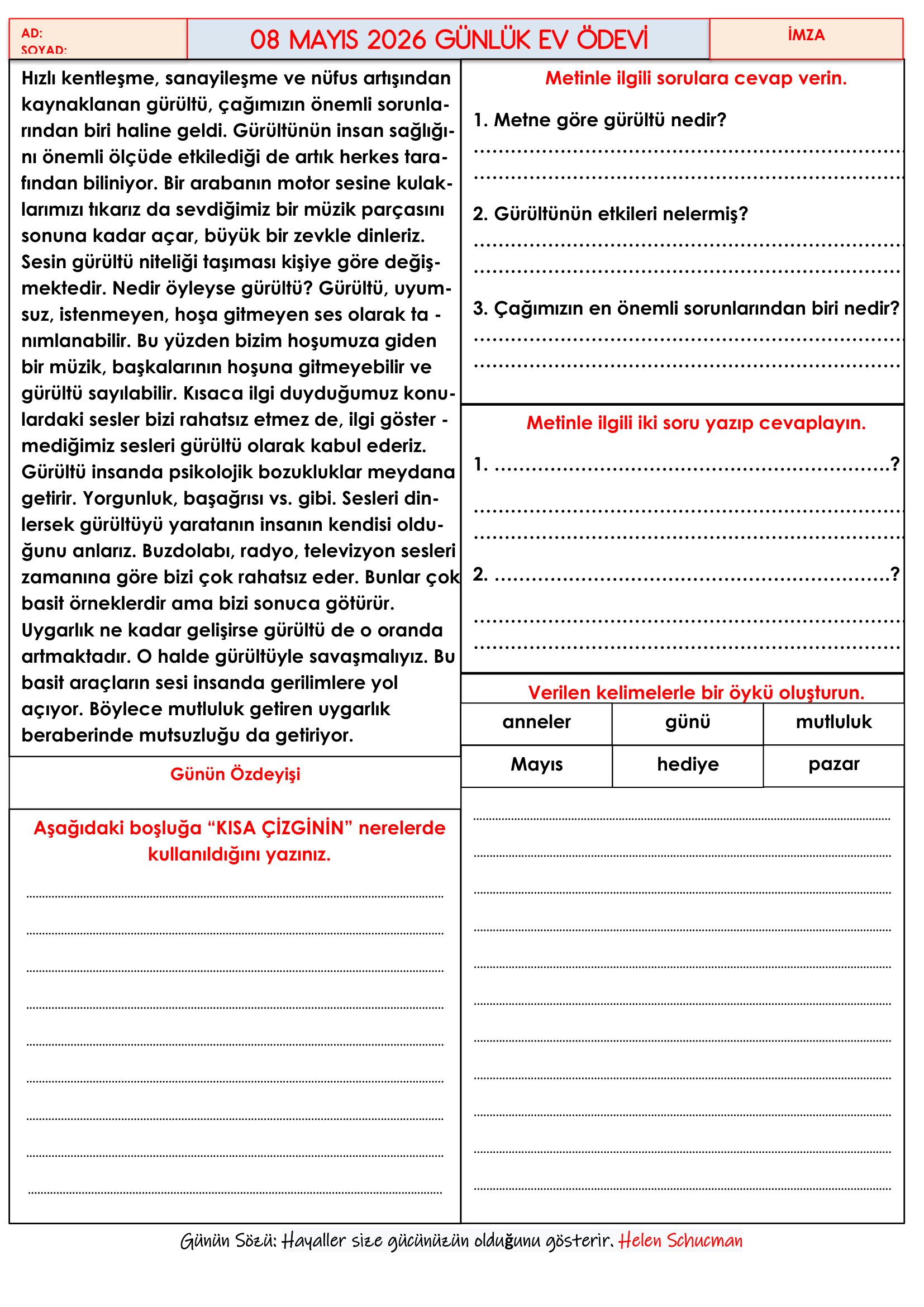4. Sınıf - 08 Mayıs 2026 Günlük Ev Ödevleri