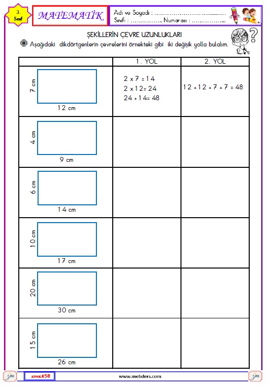 3. Sınıf Matematik Şekillerin Çevre Uzunlukları Etkinliği 7