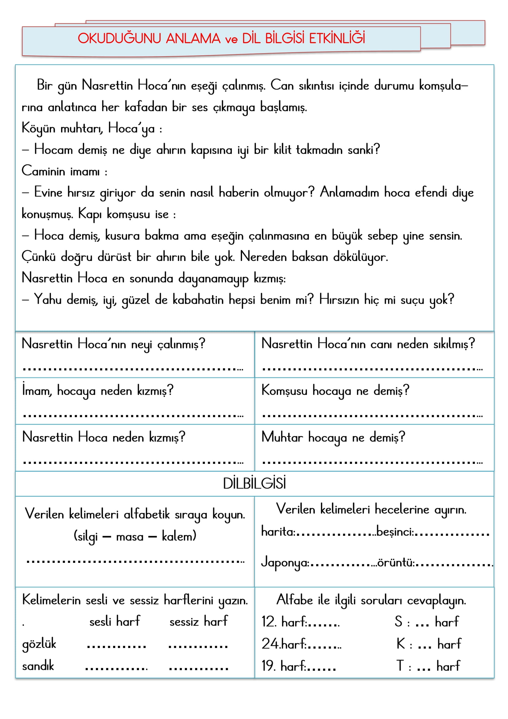 2. Sınıf - Türkçe Okuduğunu Anlama ve Dil Bilgisi Etkinliği