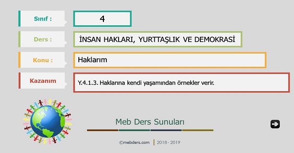 4. Sınıf İnsan Hakları, Yurttaşlık ve Demokrasi - Haklarım Sunusu