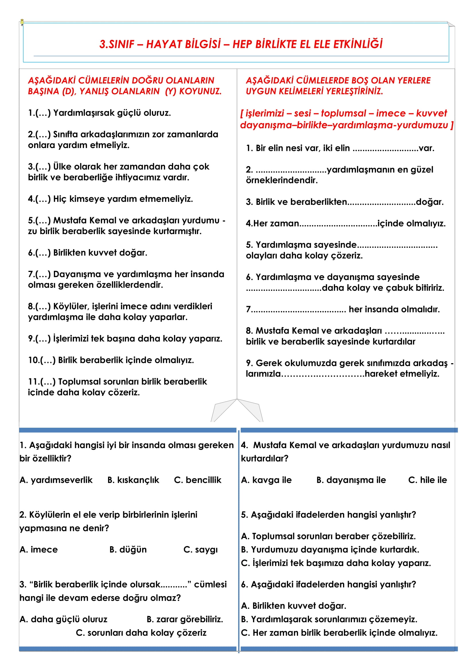 3. Sınıf - Hayat Bilgisi Hep Birlikte El Ele Etkinliği