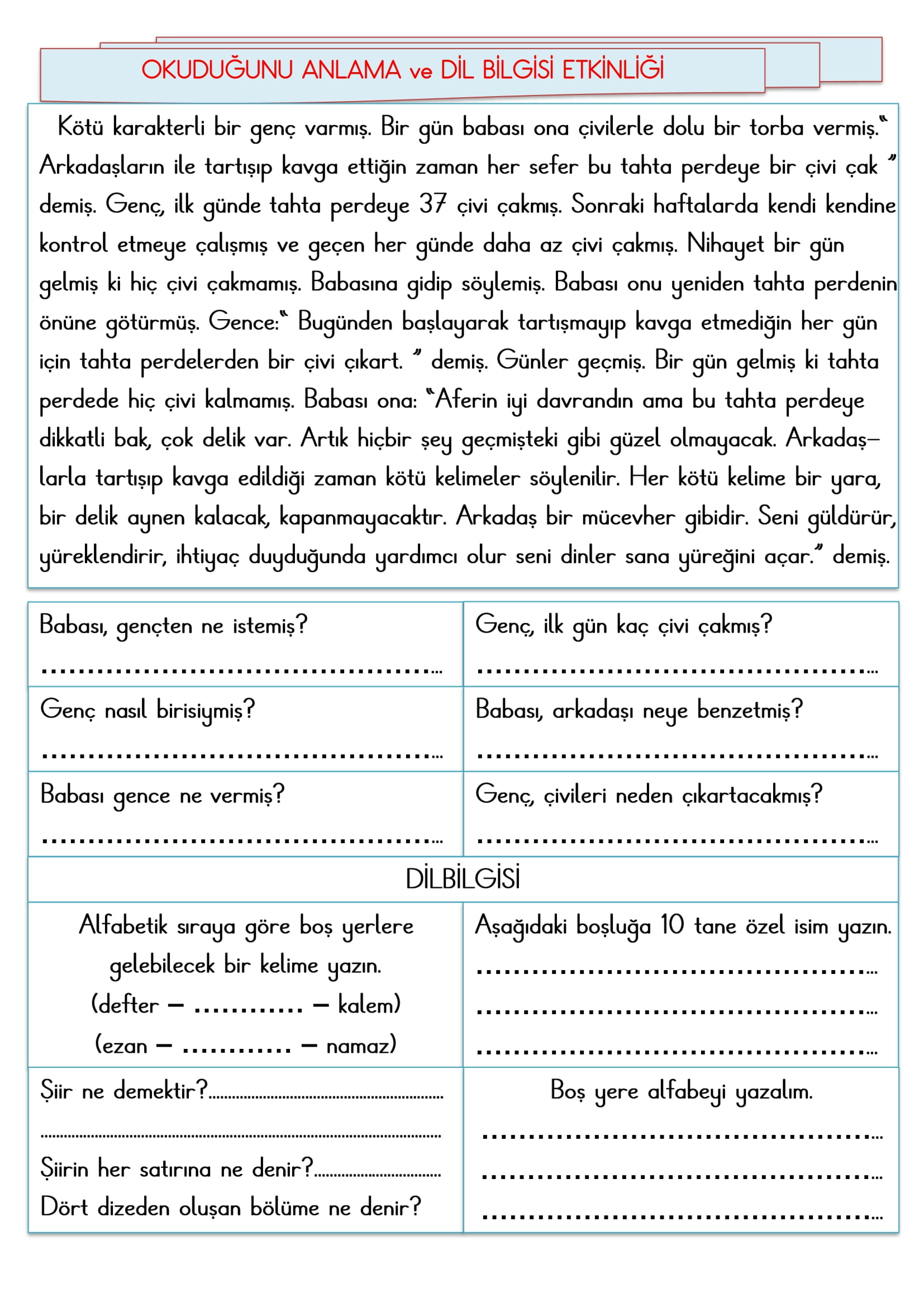 2. Sınıf - Türkçe Okuduğunu Anlama ve Dil Bilgisi Etkinliği-2