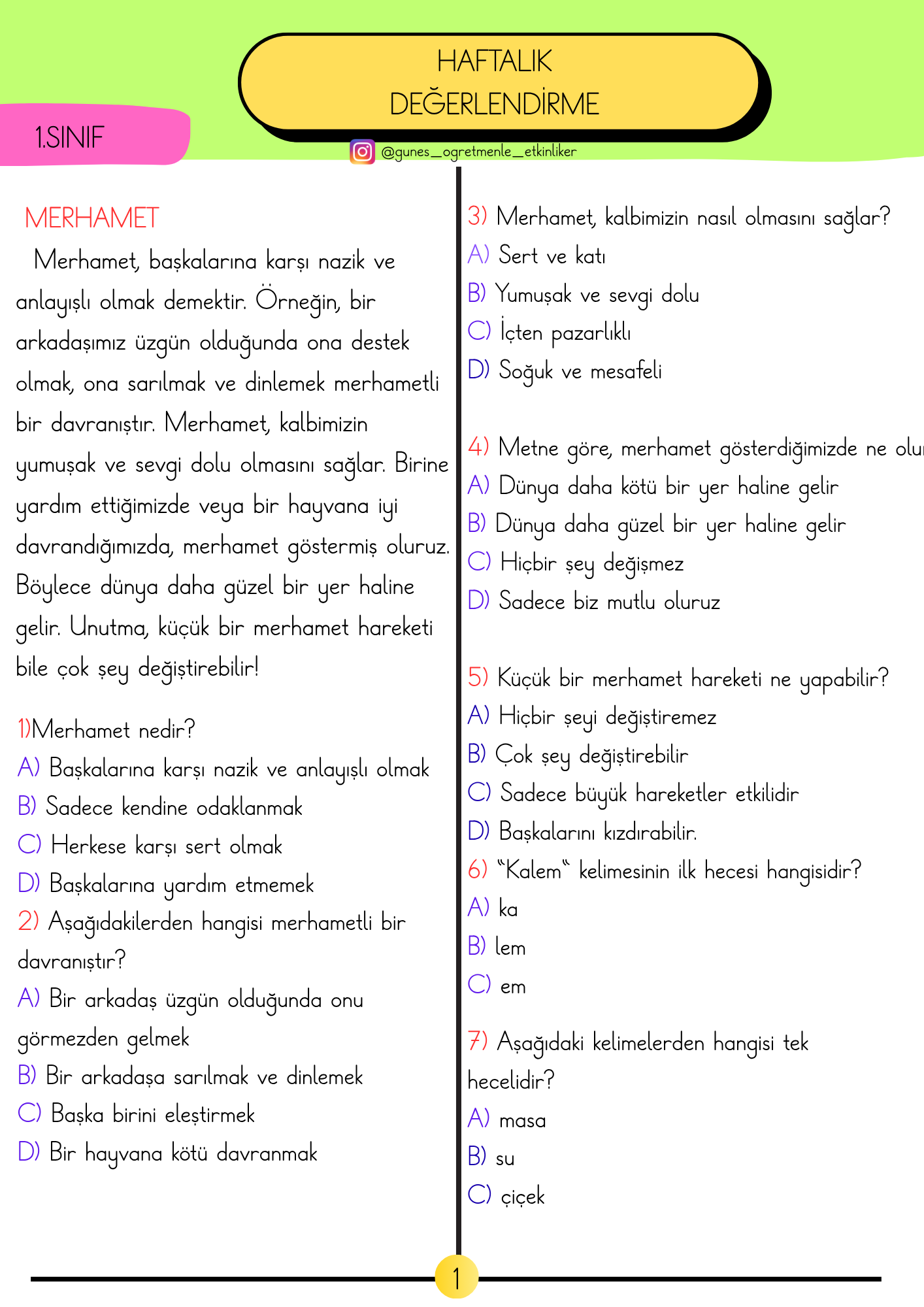 1. Sınıf Süreç Değerlendirme