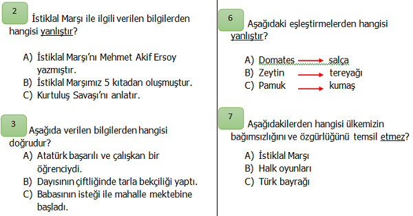 2. Sınıf Hayat Bilgisi Ülkemizde Hayat Ünite Değerlendirmesi