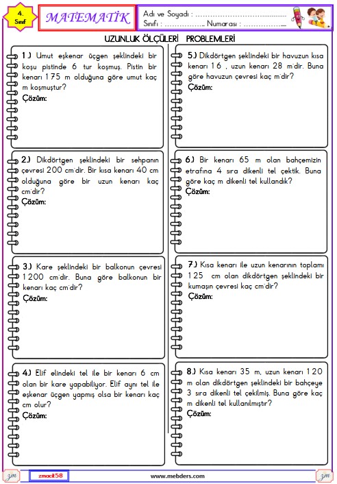 4. Sınıf Matematik Çevre Ölçme ile İlgili Problemler Etkinliği 12