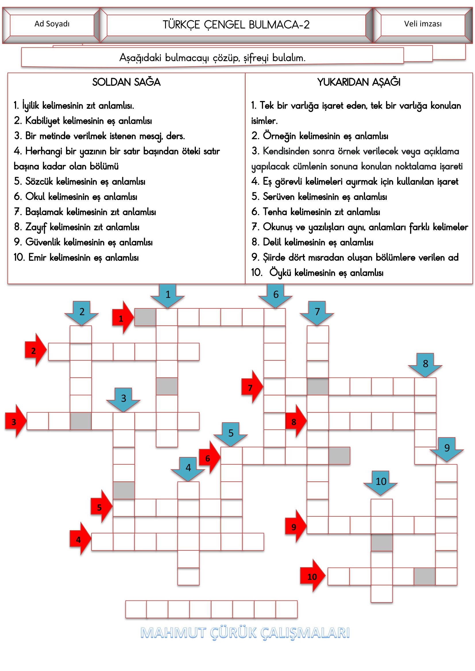 2. Sınıf - Türkçe Çengel Bulmaca Etkinliği-2