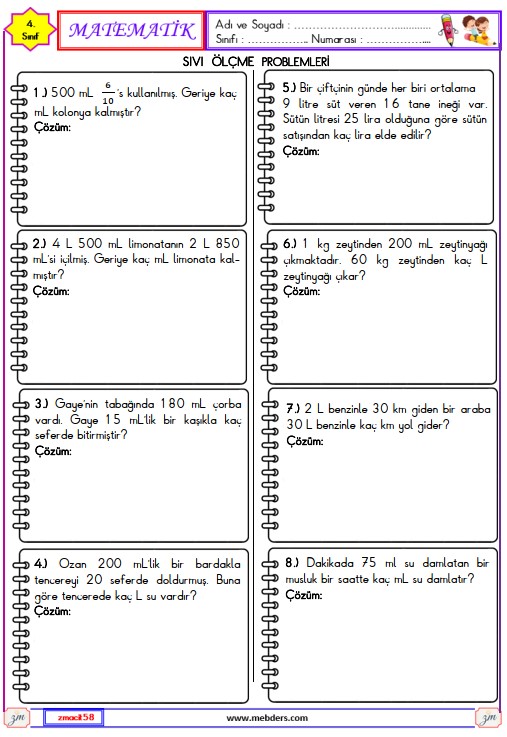 4. Sınıf Matematik Sıvılar ile İlgili Ölçme Problemleri Etkinliği 3