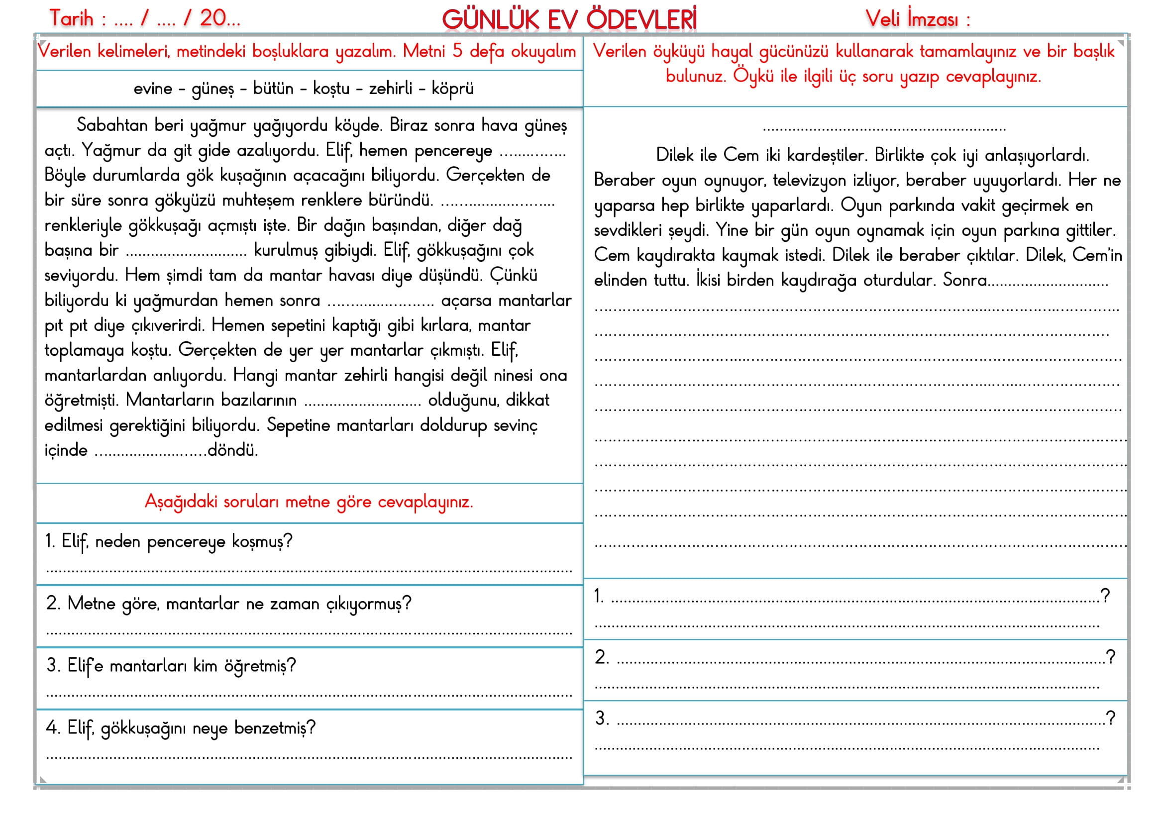 2. Sınıf - 06 Kasım 2025 Günlük Ev Ödevleri
