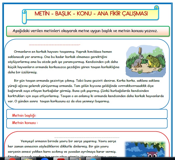 2. Sınıf Türkçe Metin - Başlık - Konu - Ana Fikir Etkinlik Çalışması