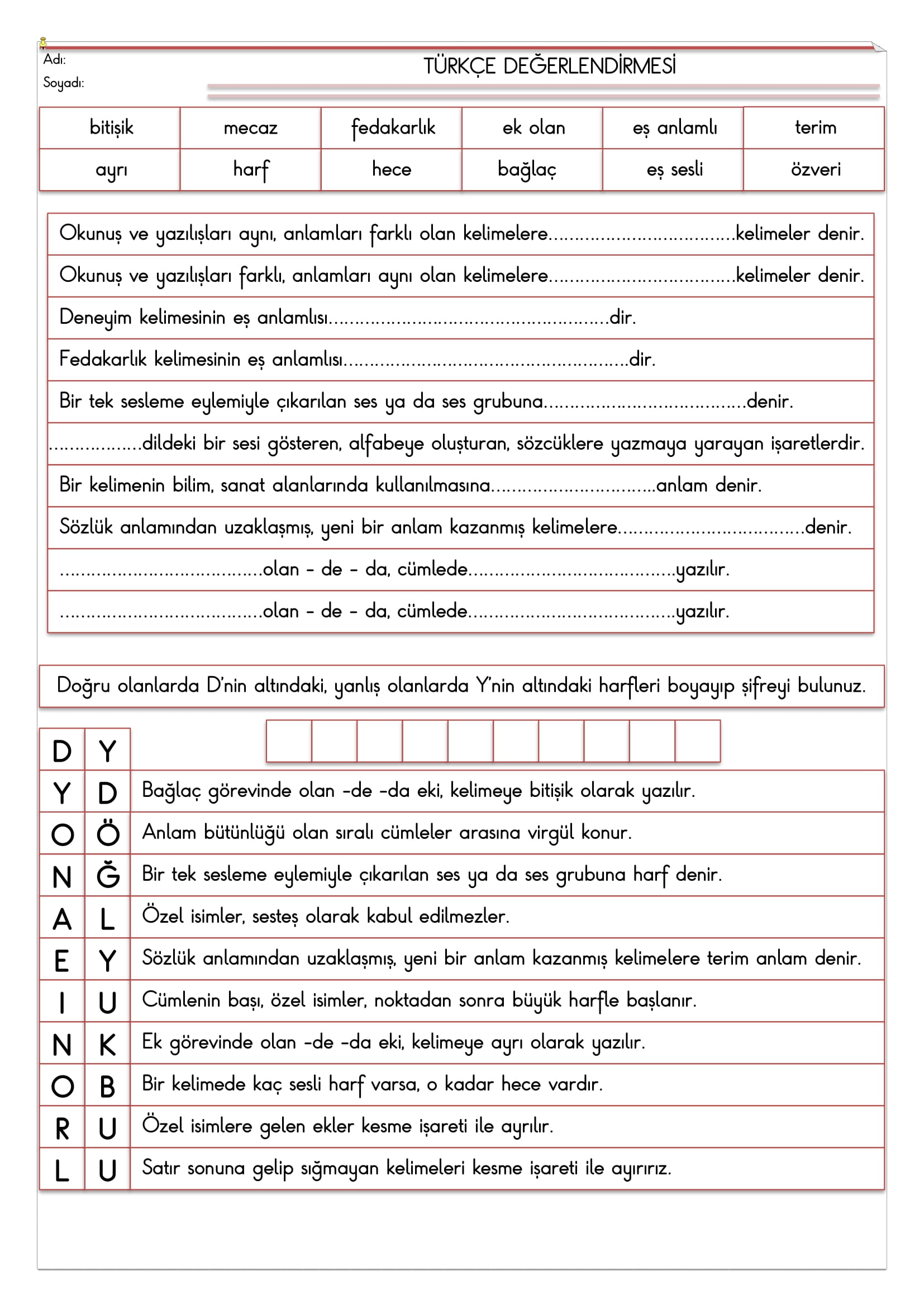 4. Sınıf - Türkçe Değerlendirmesi