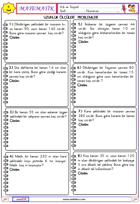 4. Sınıf Matematik Çevre Ölçme ile İlgili Problemler Etkinliği 11