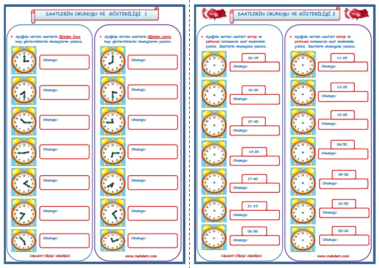 3. Sınıf Matematik Saatlerin Okunuşu ve Gösterilişi 1-2 (2 Sayfa)