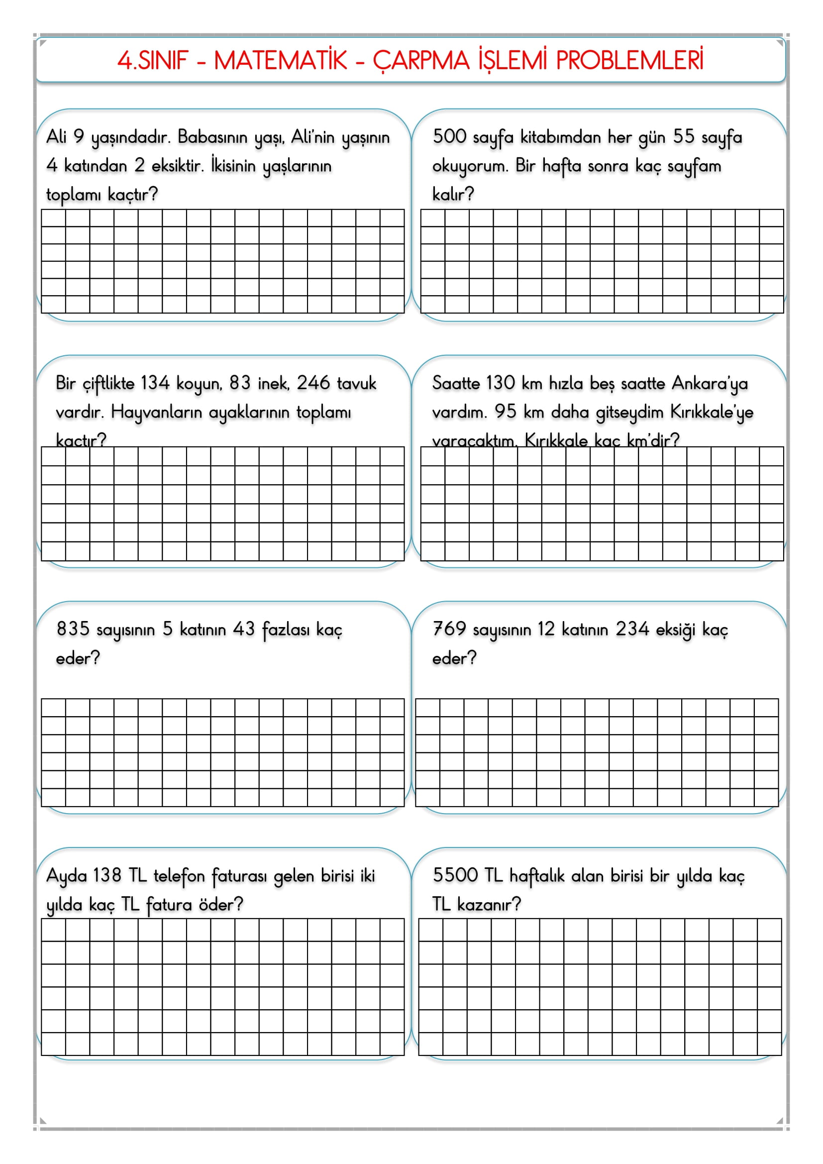 4. Sınıf Matematik Çarpma Problemleri -3