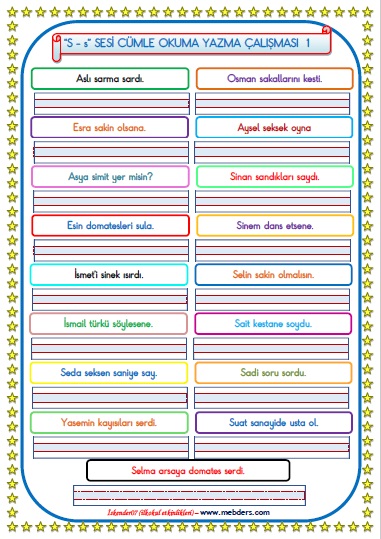 1. Sınıf S-s Sesi Cümle Okuma Yazma Çalışması ( 17 Farklı Cümle)
