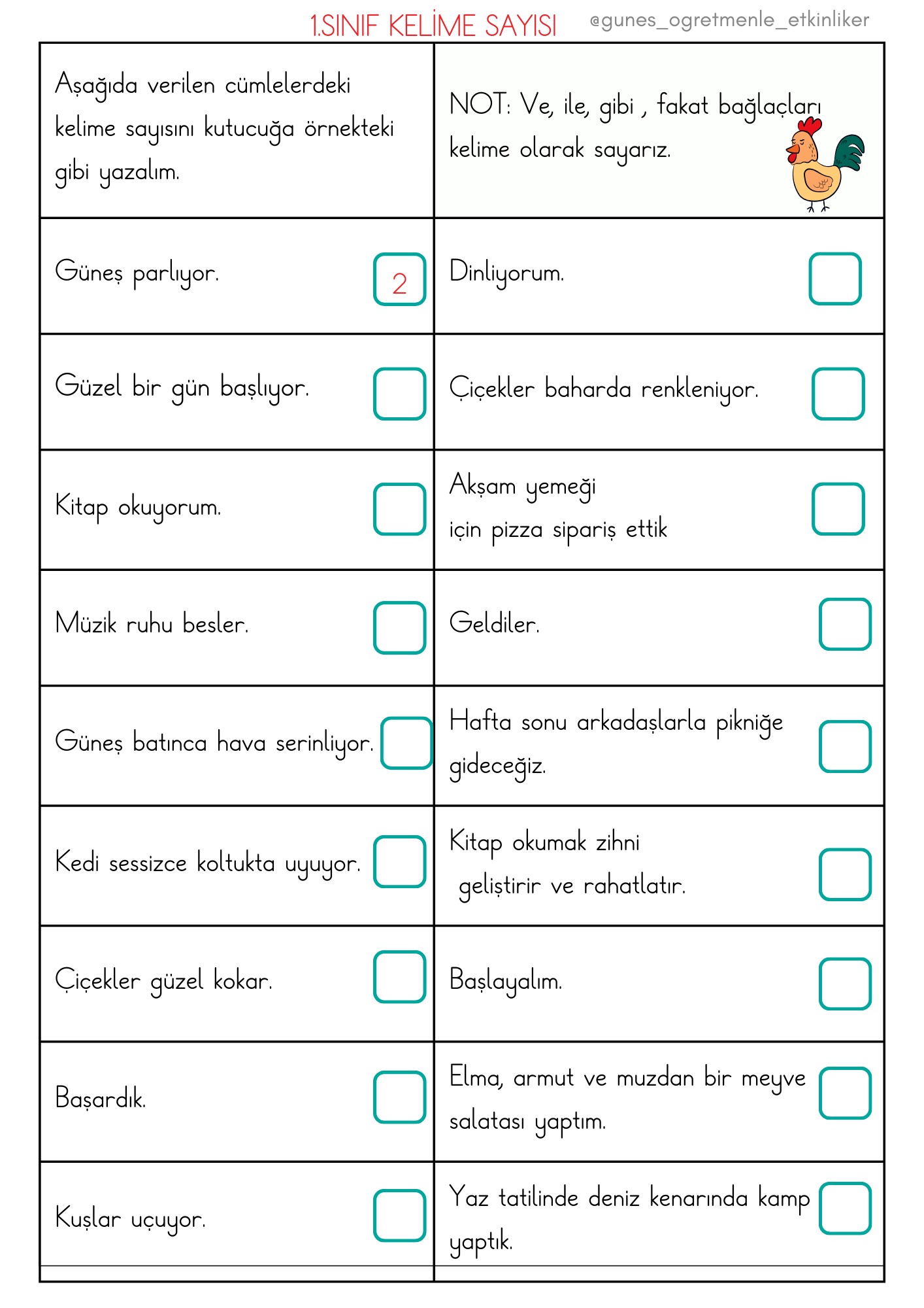 1. Sınıf Türkçe Cümlede Kelime Sayısı