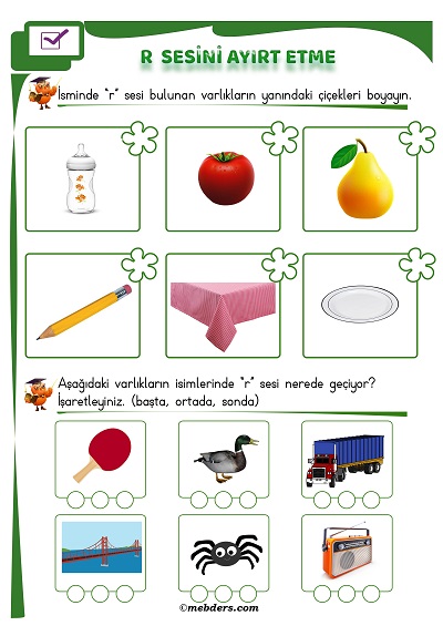 1. Sınıf İlkokuma R Sesi Ayırt Etme Etkinliği