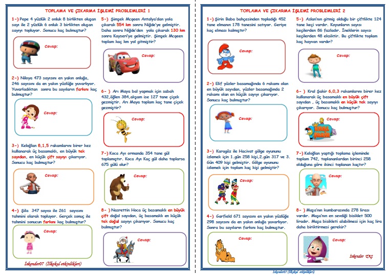 3. Sınıf Matematik Toplama ve Çıkarma İşlemi Problemleri (4 Sayfa - 32 Soru)