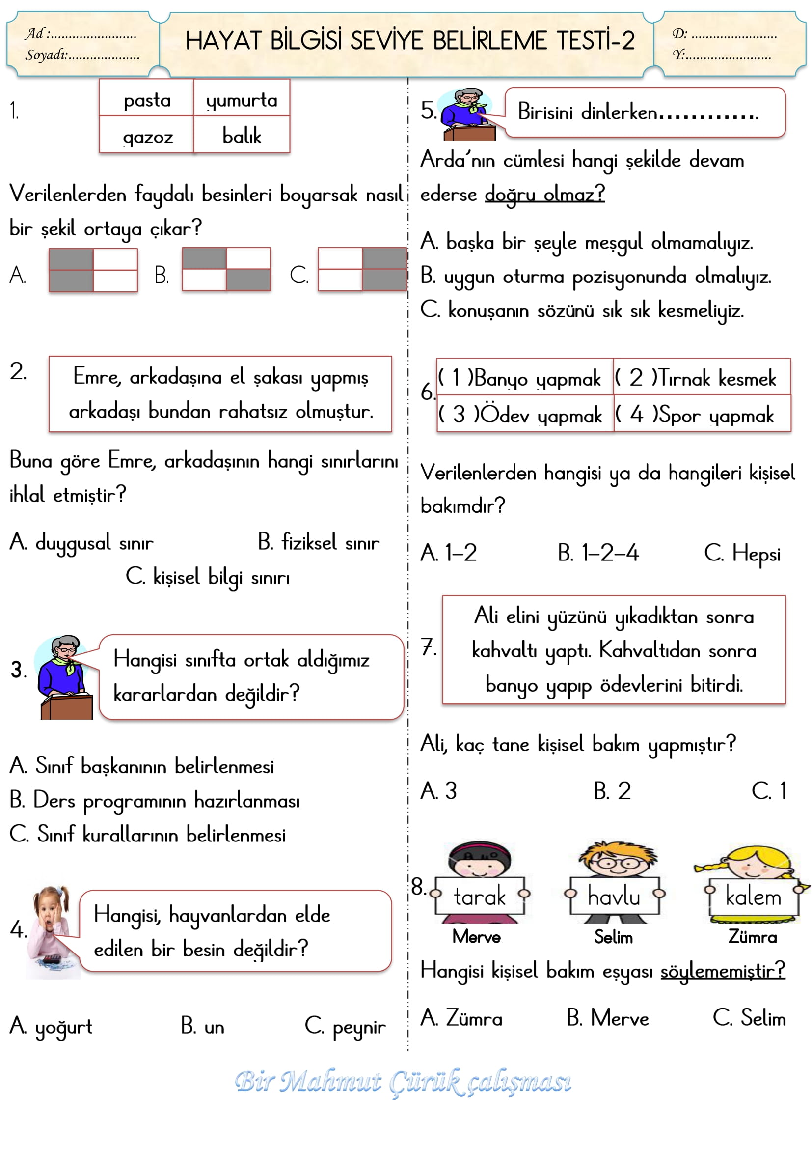 2. Sınıf Hayat Bilgisi Seviye Belirleme Testi-2