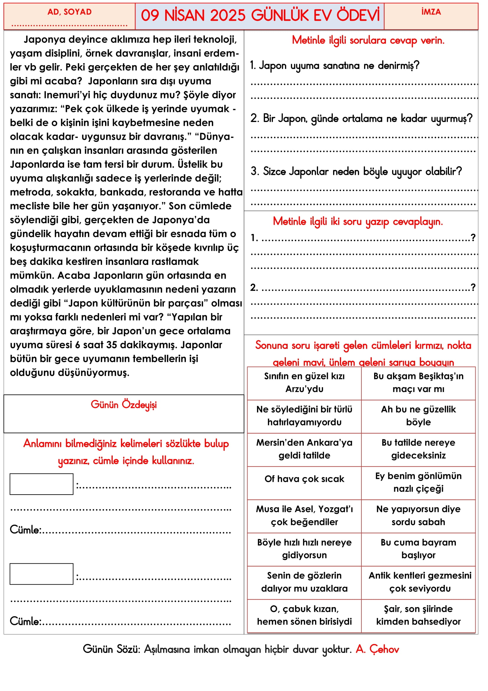 3. Sınıf 09 Nisan 2025 Günlük Ev Ödevi