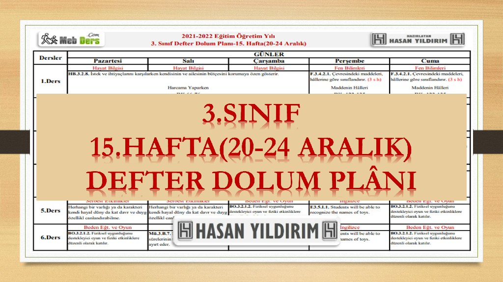3. Sınıf 15.Hafta(20-24 Aralık) Defter Dolum Planı