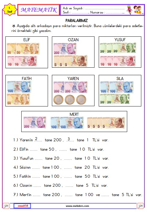 1. Sınıf Matematik Paralarımız Etkinliği 4