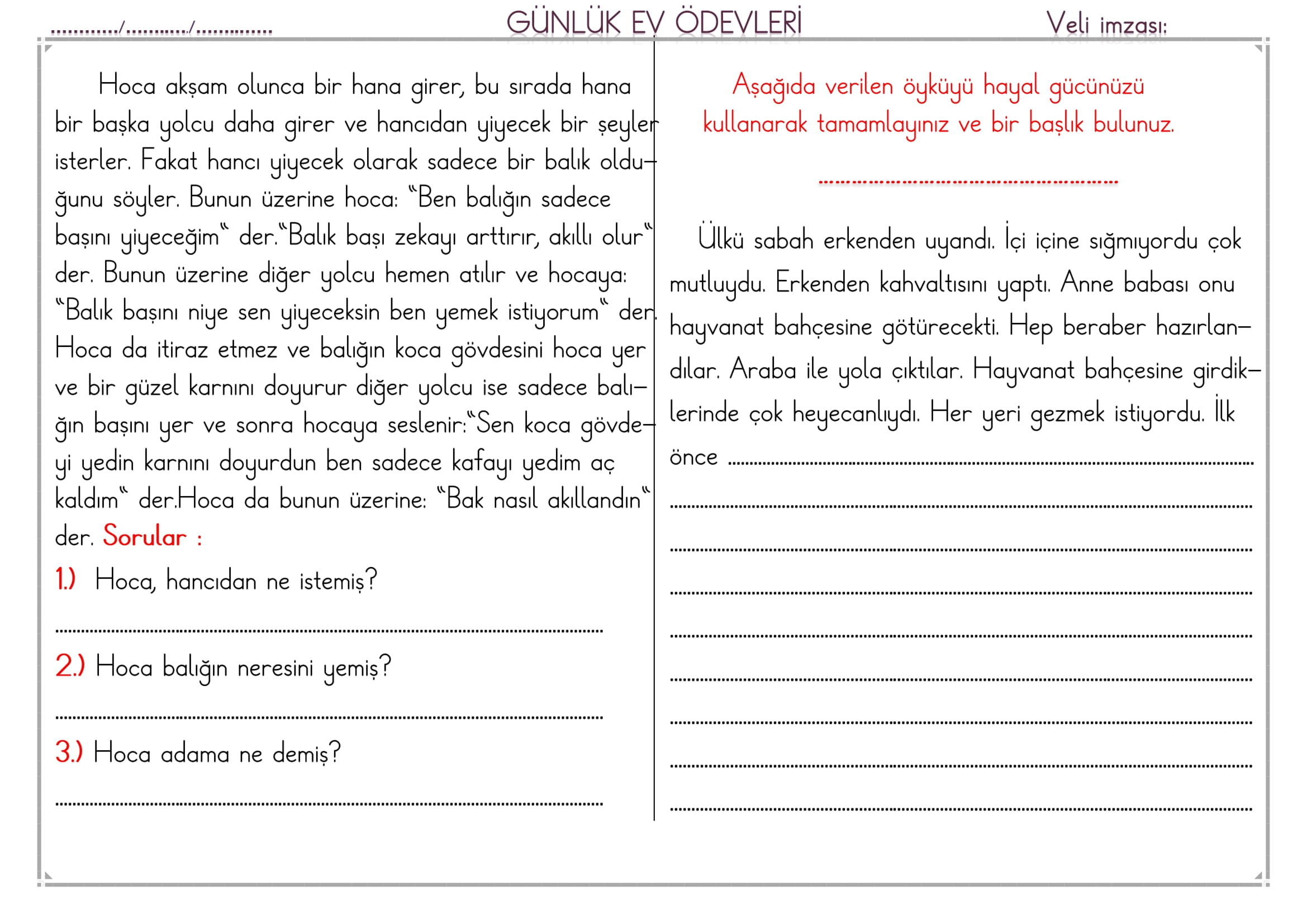 1. Sınıf 24 Şubat 2025 Günlük Ev Ödevi