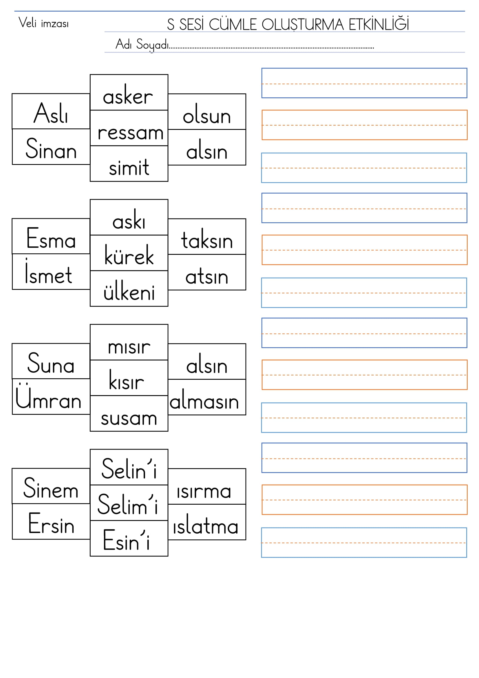 1. Sınıf İlk Okuma Yazma S Sesi Cümle Oluşturma Etkinliği