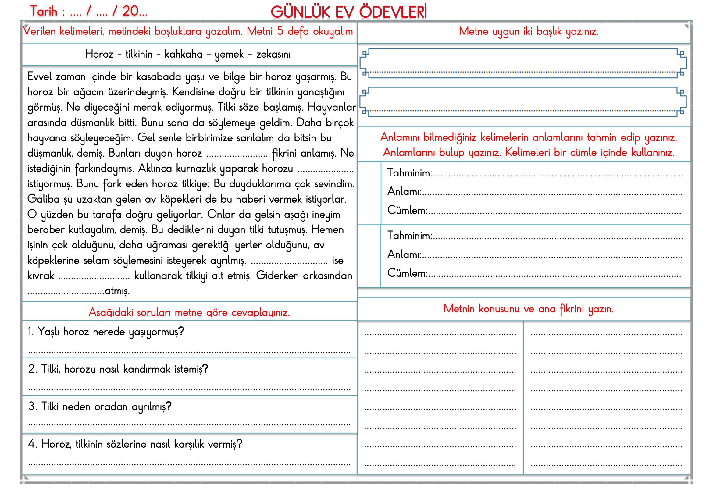 2. Sınıf - 09 Haziran 2026 Günlük Ev Ödevleri