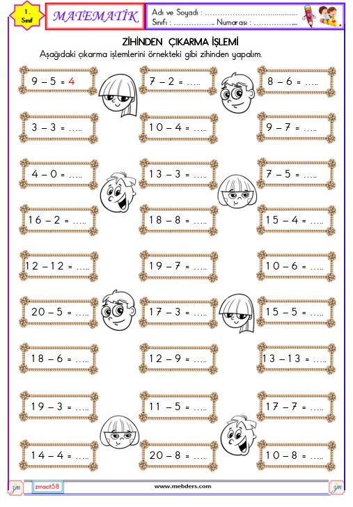 1. Sınıf Matematik Zihinden Çıkarma İşlemi Etkinliği 11