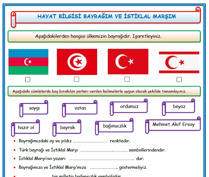 2. Sınıf Hayat Bilgisi Bayrağım ve İstiklal Marşım Etkinlik Çalışması