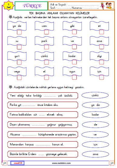 3. Sınıf Türkçe Tek Başına Anlamı Olmayan Kelimeler  Etkinliği