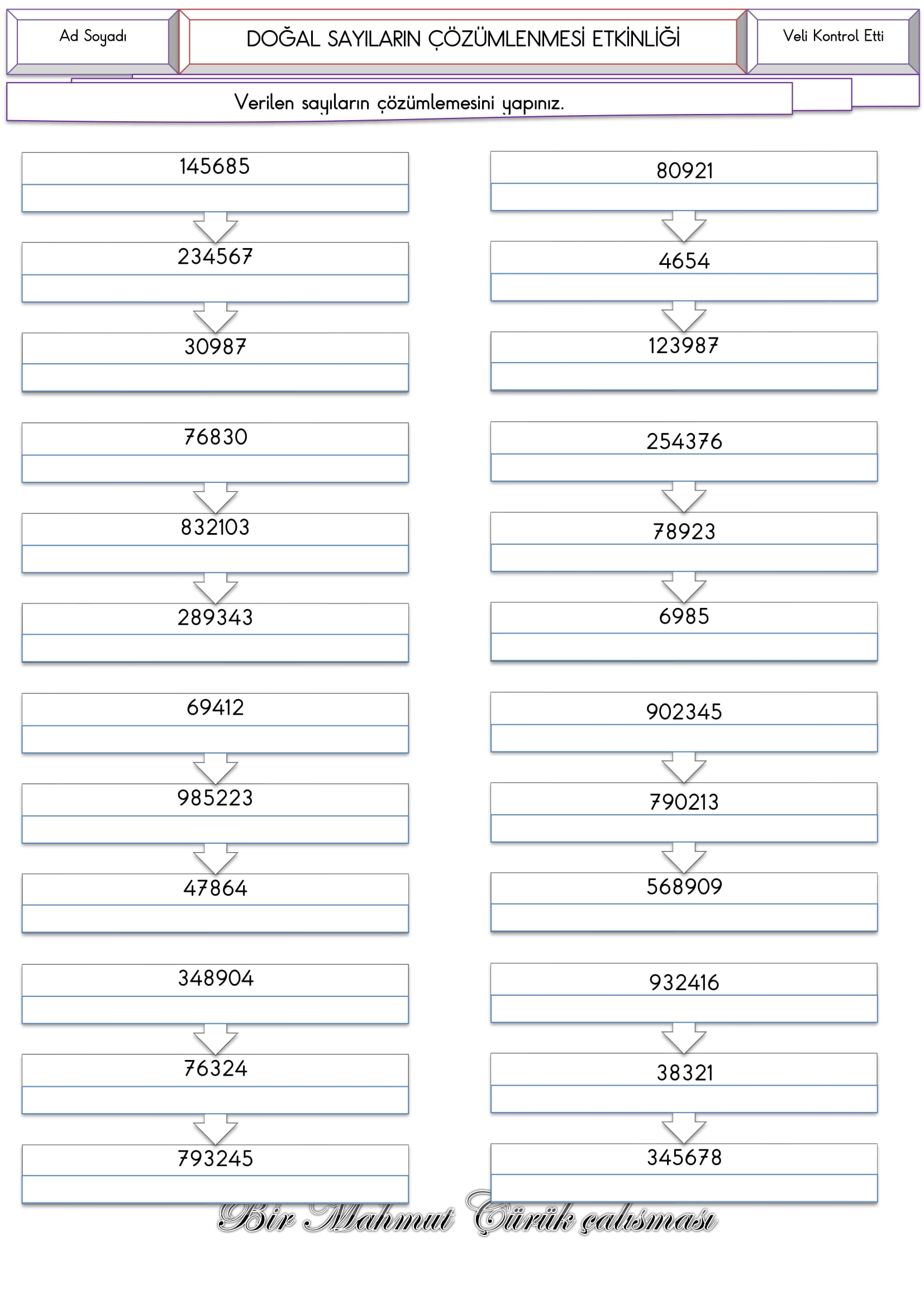 4. Sınıf Matematik 4.5.6. Basamaklı Sayıların Çözümlenmesi Etkinliği