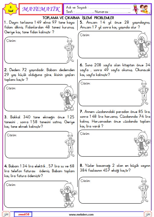 3. Sınıf Matematik Toplama ve Çıkarma İşlemi Problemler Etkinliği 1