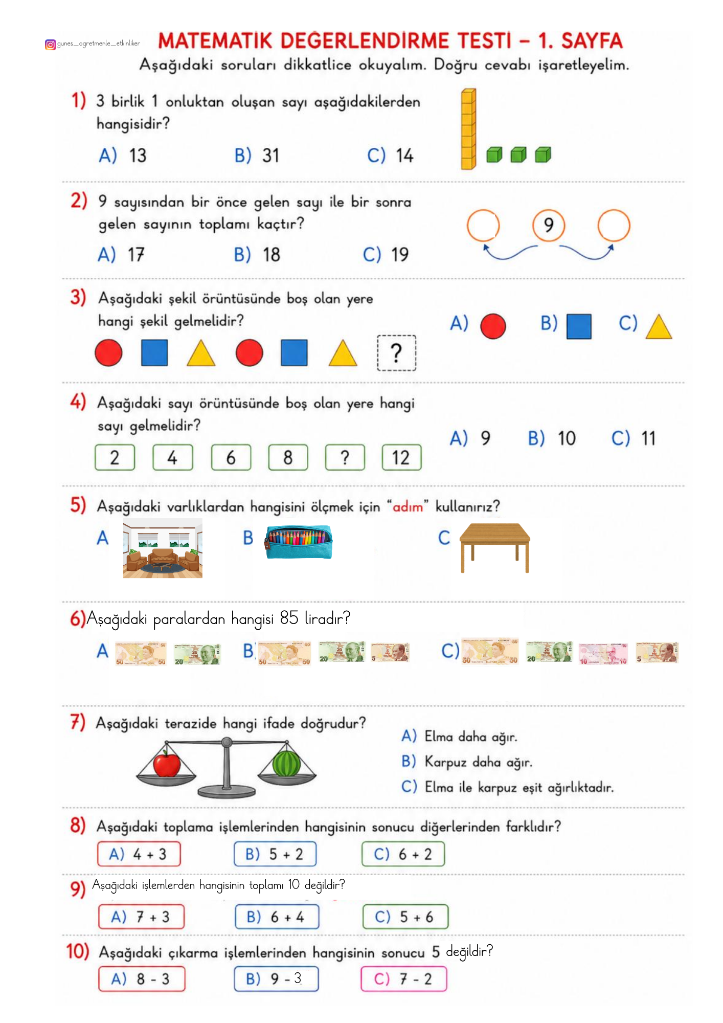 1. Sınıf  Matematik Genel Değerlendirme