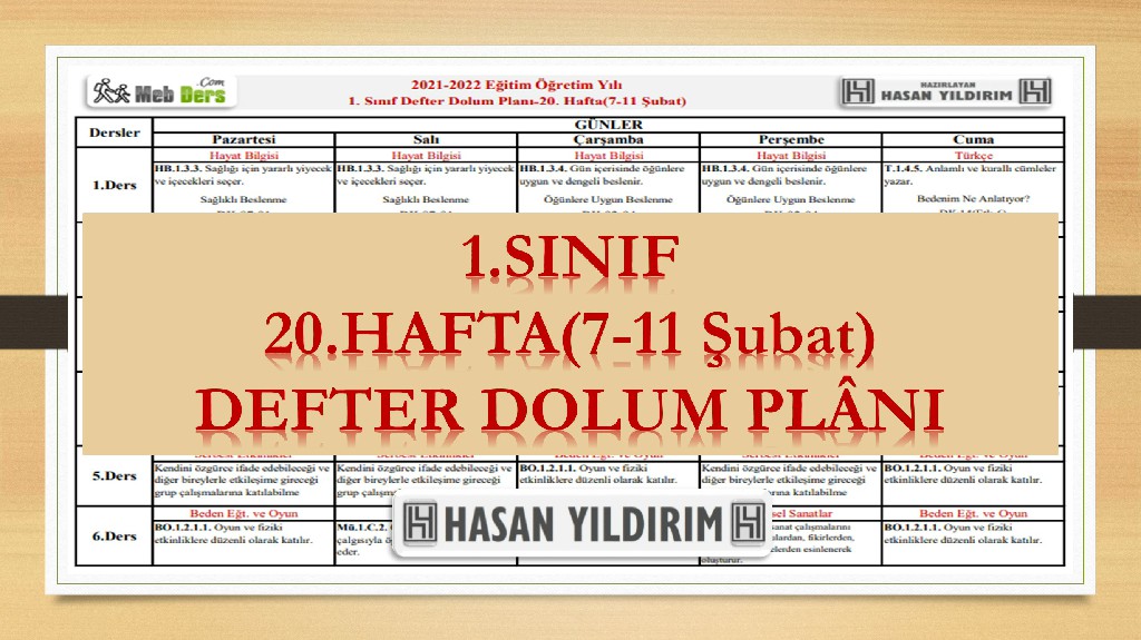 1. Sınıf 20.Hafta(7-11 Şubat) Defter Dolum Planı