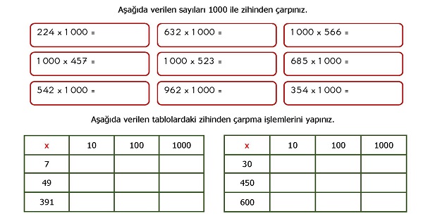 4. Sınıf Matematik Zihinden Çarpma İşlemi Etkinliği 2