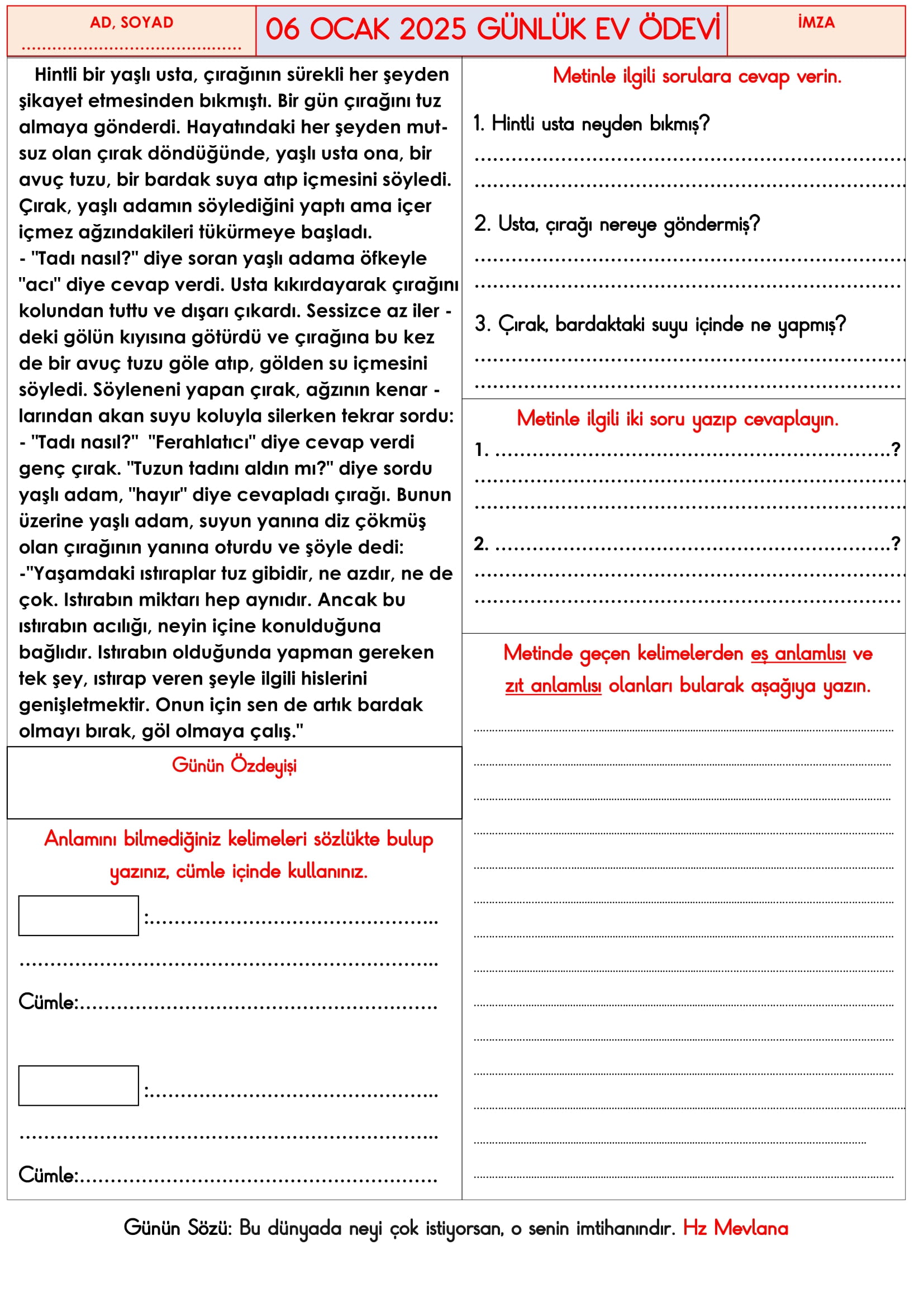 3. Sınıf 06 Ocak 2025 Günlük Ev Ödevi