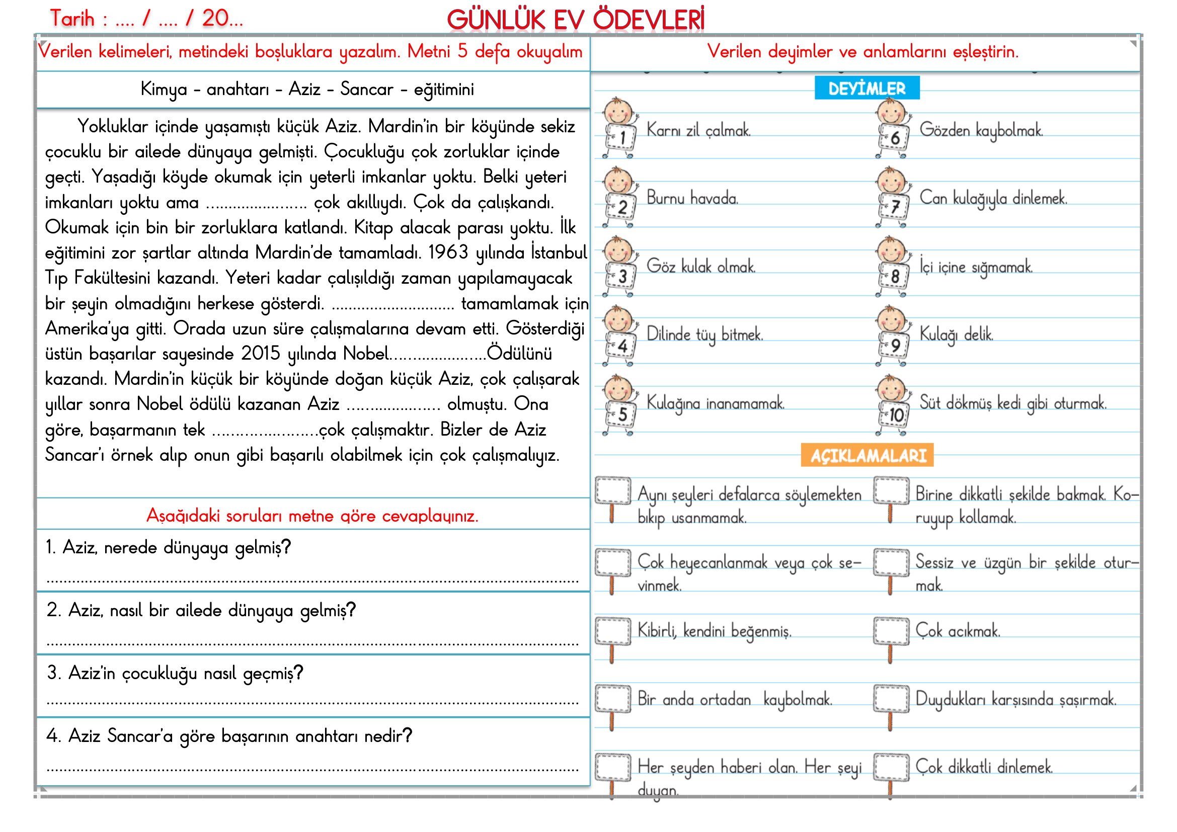 2. Sınıf - 20 Nisan 2026 Günlük Ev Ödevleri