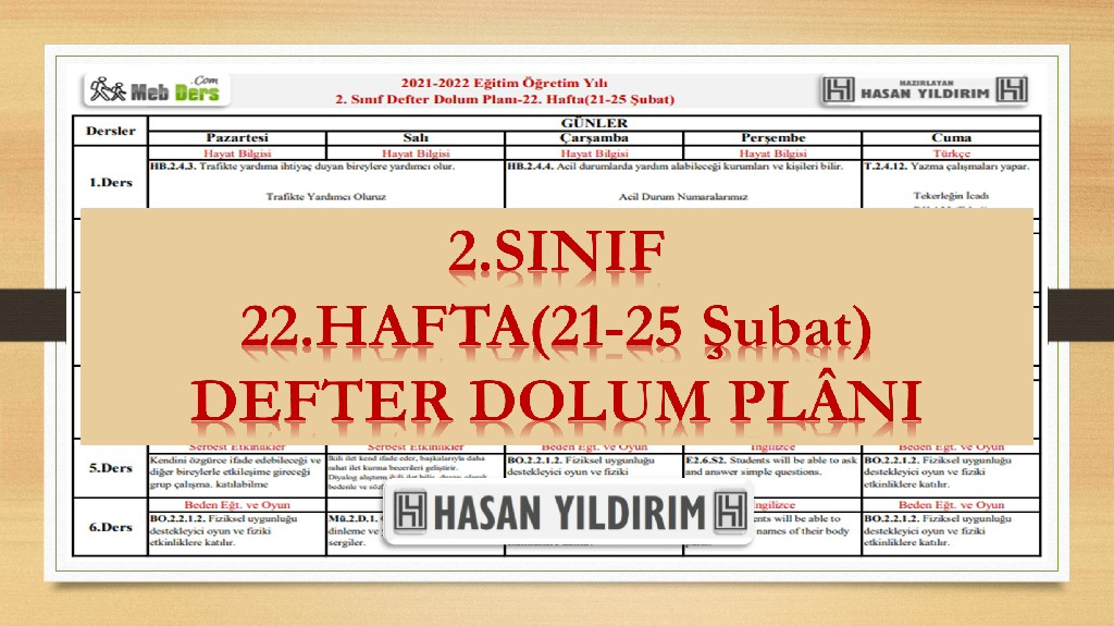 2. Sınıf 22.Hafta(21-25 Şubat) Defter Dolum Planı