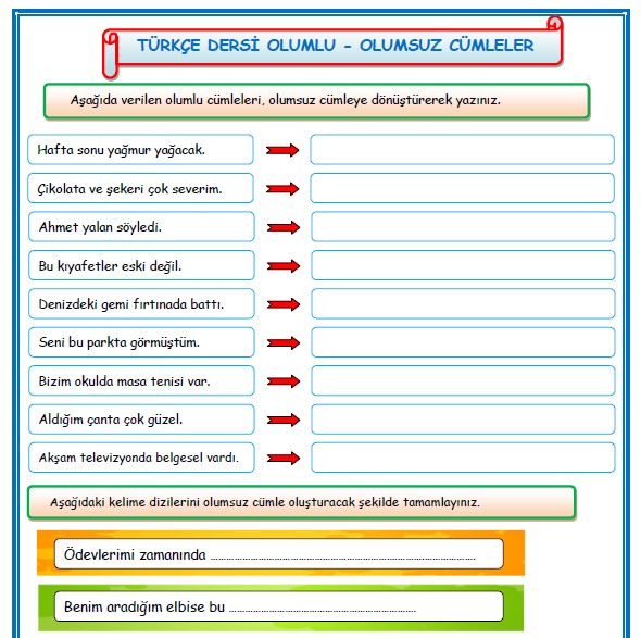 2. Sınıf Türkçe Dersi Olumlu ve Olumsuz Cümleler