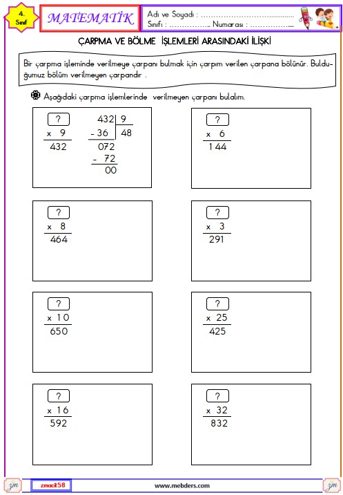 4. Sınıf Matematik Çarpma ve Bölme İşlemleri Arasındaki İlişki Etkinliği 2