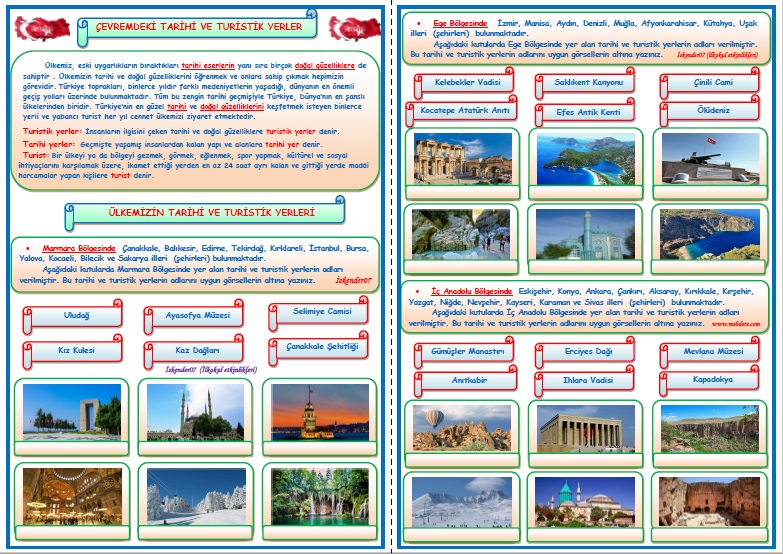 1. Sınıf Hayat Bilgisi Çevremizdeki Tarihi ve Turistik Yerler (4 Sayfa)