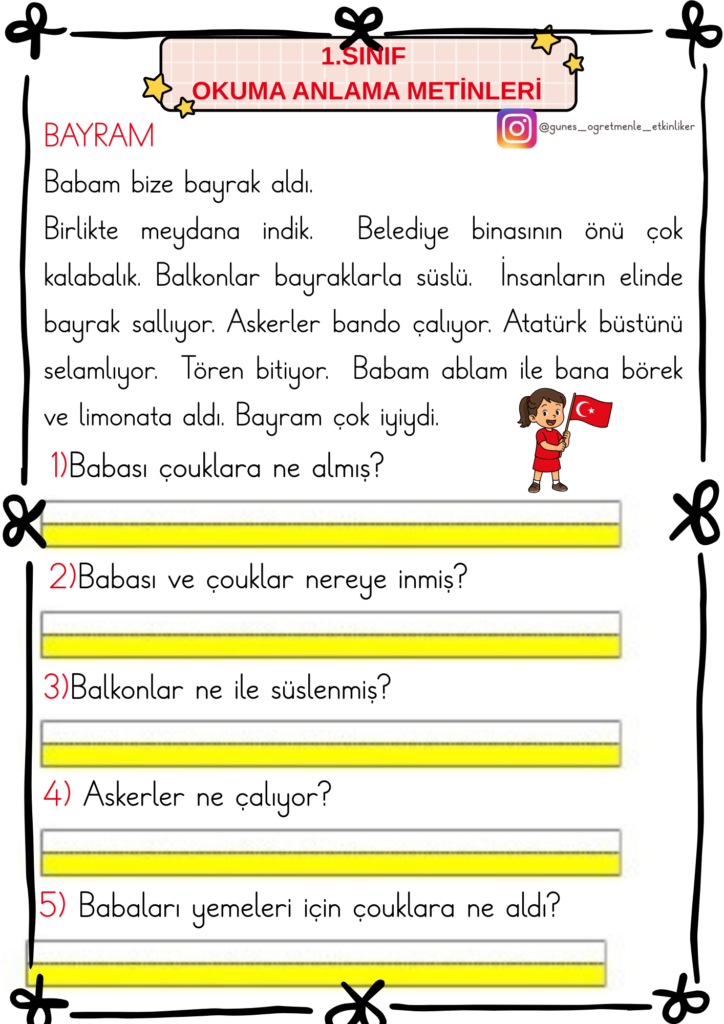 1. Sınıf İlk Okuma Yazma B-b Sesi Okuma Anlama Metinleri ve Etkinlikleri