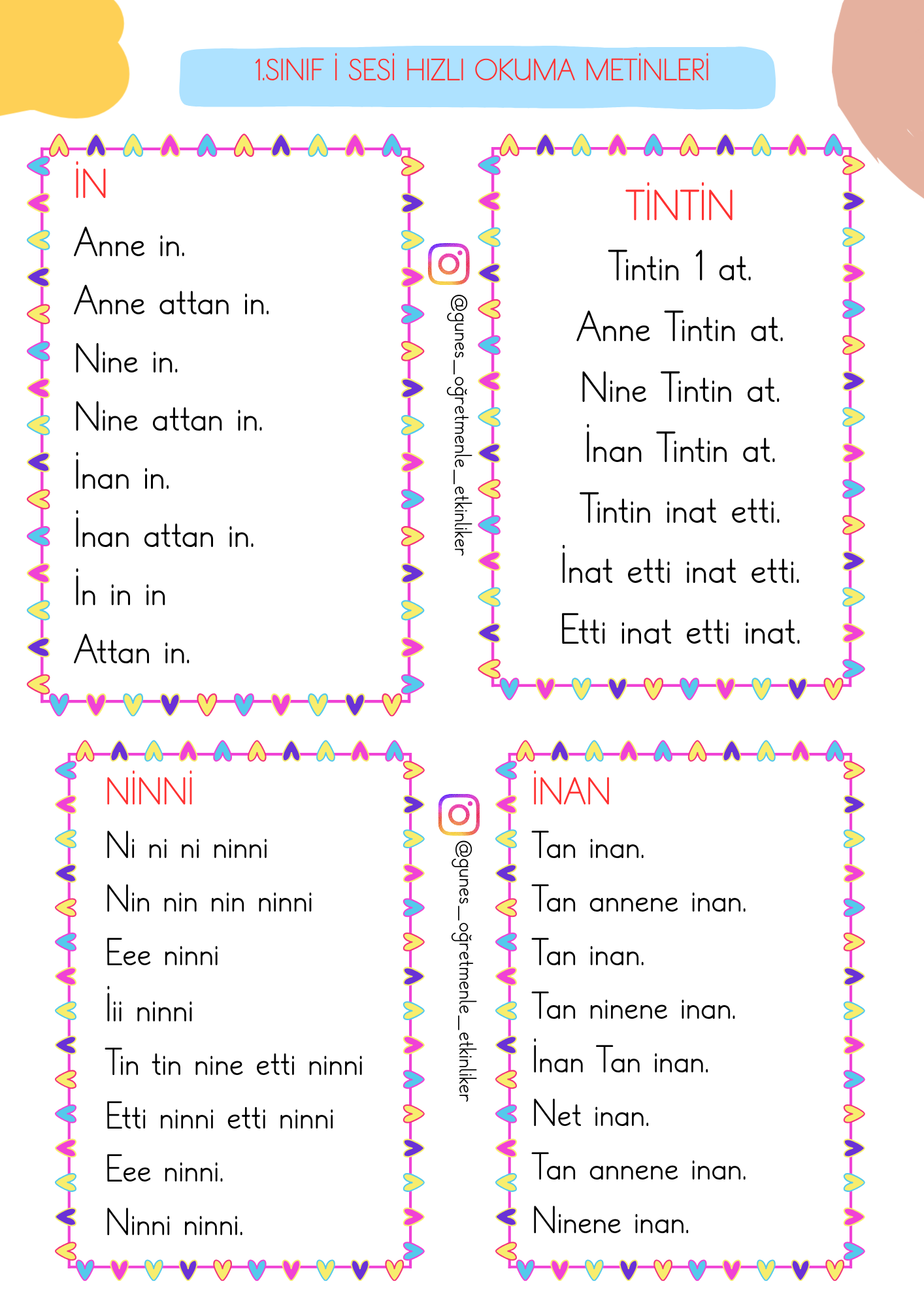 1. Sınıf İ Sesi Hızlı Okuma Metin ve Hece Tablosu
