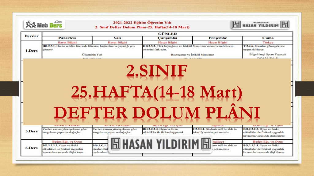 2. Sınıf 25.Hafta(14-18 Mart) Defter Dolum Planı