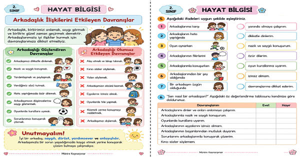 2. Sınıf Hayat Bilgisi Arkadaşlık İlişkilerini Etkileyen Davranışlar Ve Süreç Değerlendirme