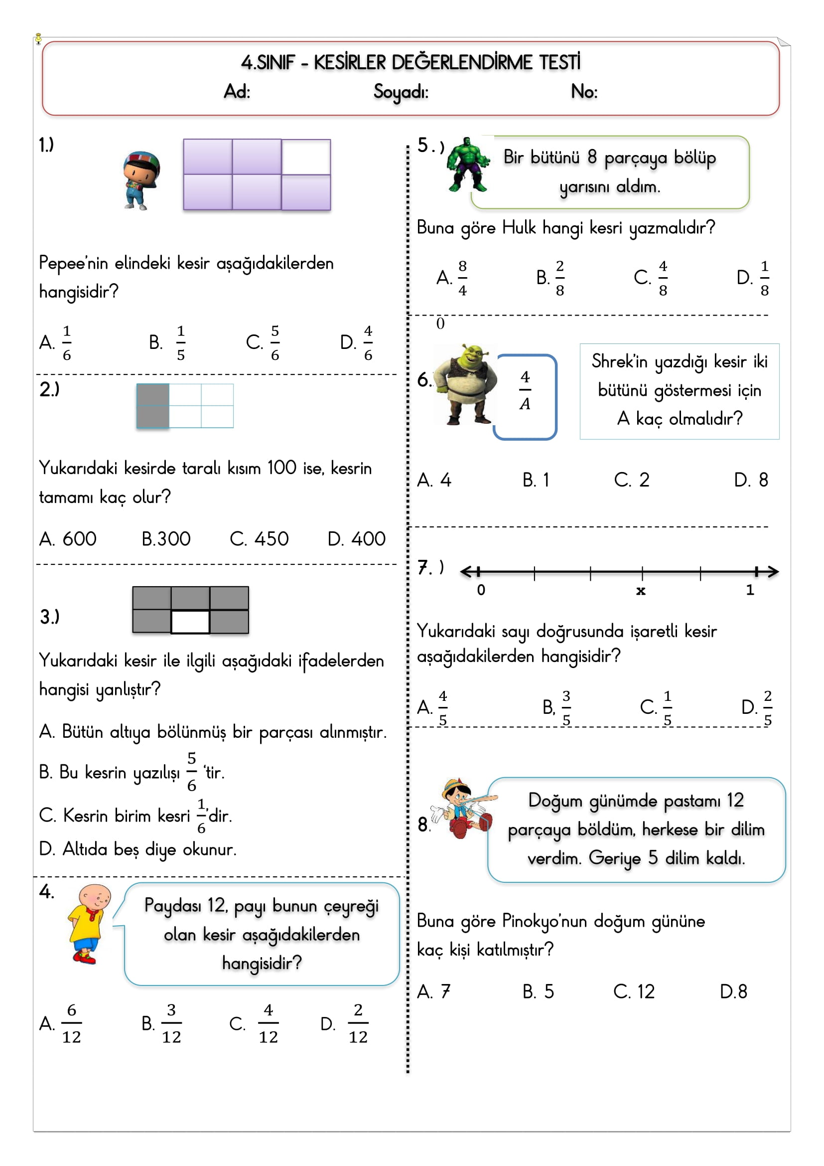4. Sınıf Matematik - Kesirler  Değerlendirme Testi
