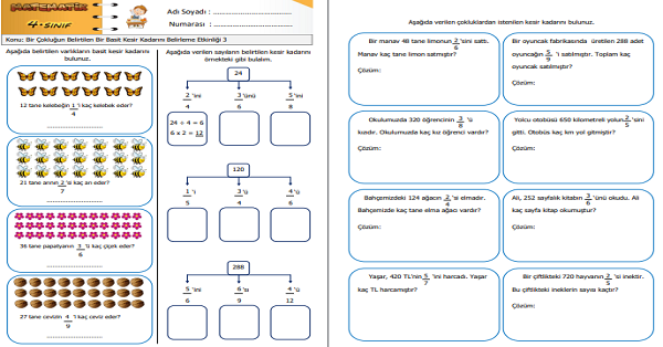 4. Sınıf Matematik Bir Çokluğun Belirtilen Bir Basit Kesir Kadarını Belirleme Etkinliği 3