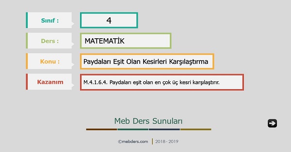 4. Sınıf Matematik Paydaları Eşit Kesirleri Karşılaştırma Sunusu