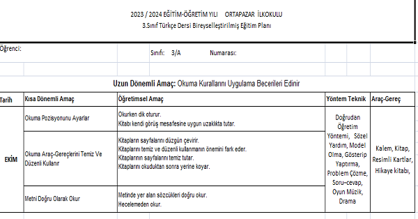3. Sınıf Türkçe Bireyselleştirilmiş Eğitim Planı (Bep) 2023-2024